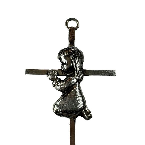 Silver Tone Hanging Nursery Wall Cross With Praying Girl On Knees 6” - Picture 2 of 13